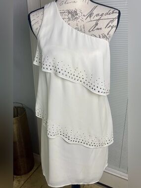 Express One Shoulder Ivory Tiered Ruffle Gold  Studded Dress Sz 2